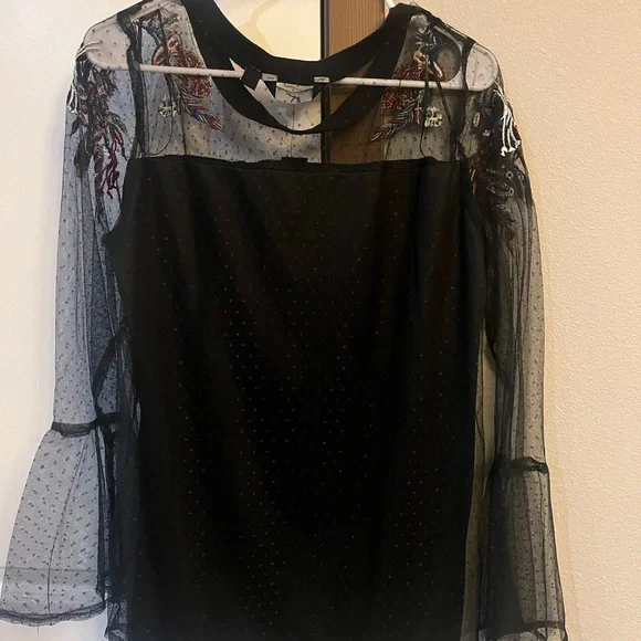 NWT GNW Embroidered Whimsigoth Black Mesh Top - Picture 7 of 9